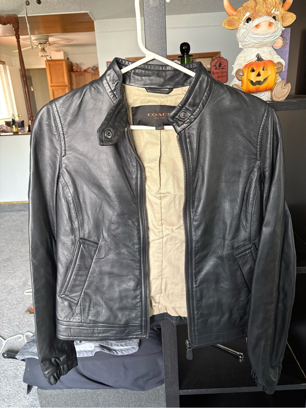 Coach Black Leather Bomber Jacket with Beige Interior